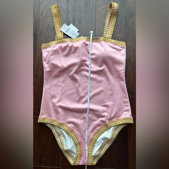Platinum Swimwear Pink Sands Gold Crochet Trim One Piece Swimsuit Size S NWT - Picture 6 of 9